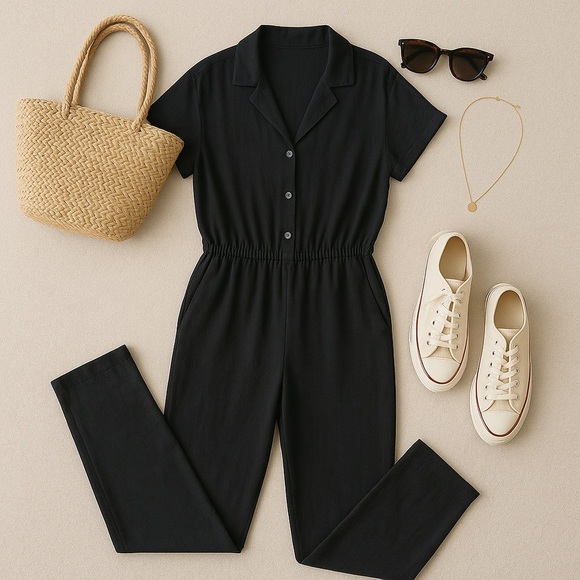 NWOT Monk & Lou Black Button-Front Jumpsuit M - Picture 2 of 11